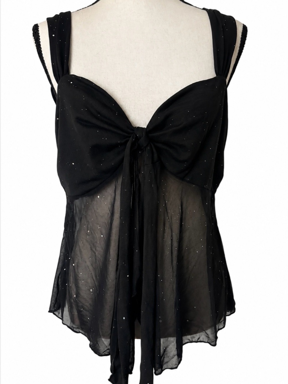 Flirty Fairy Grunge Black Sheer Tie-Front Camisole Top Sheer Flowy Festival Glam